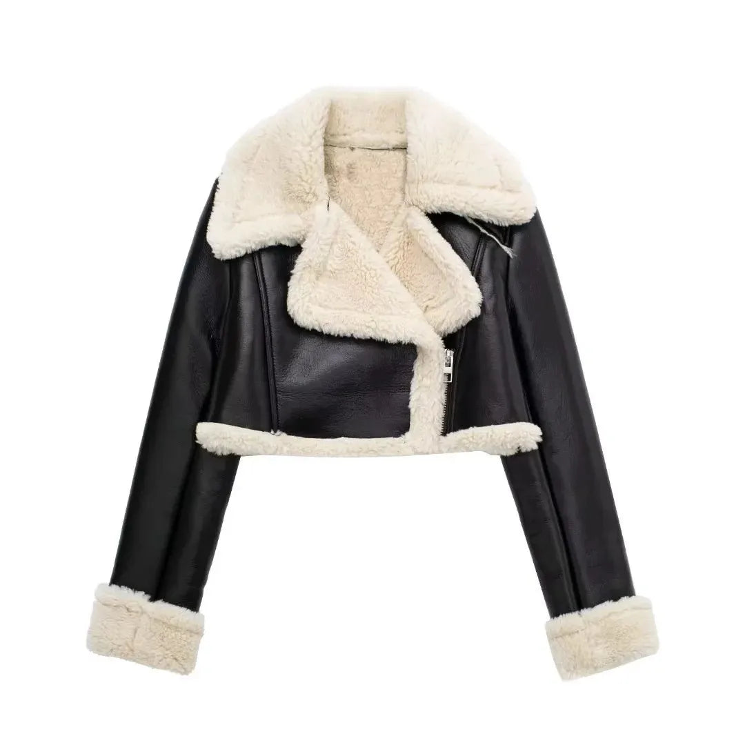 Cropped Moto Jacket with Faux Shearling Trim