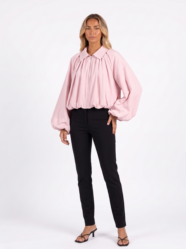 Ruched Puff-Sleeve Zip Bomber Jacket