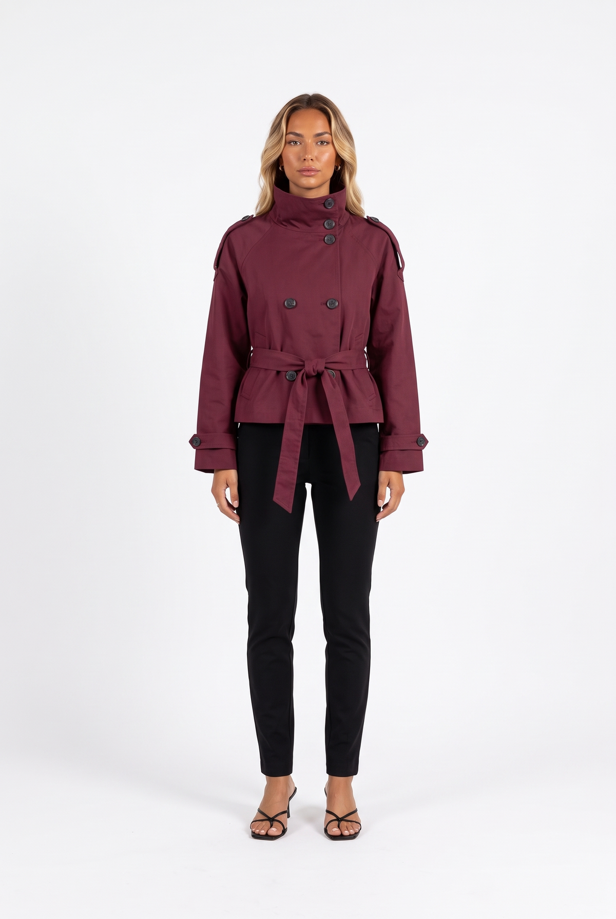 Wine red cropped double-breasted belted trench jacket — front