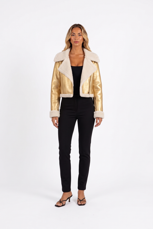 Metallic gold faux-leather cropped moto jacket with faux shearling trim — front