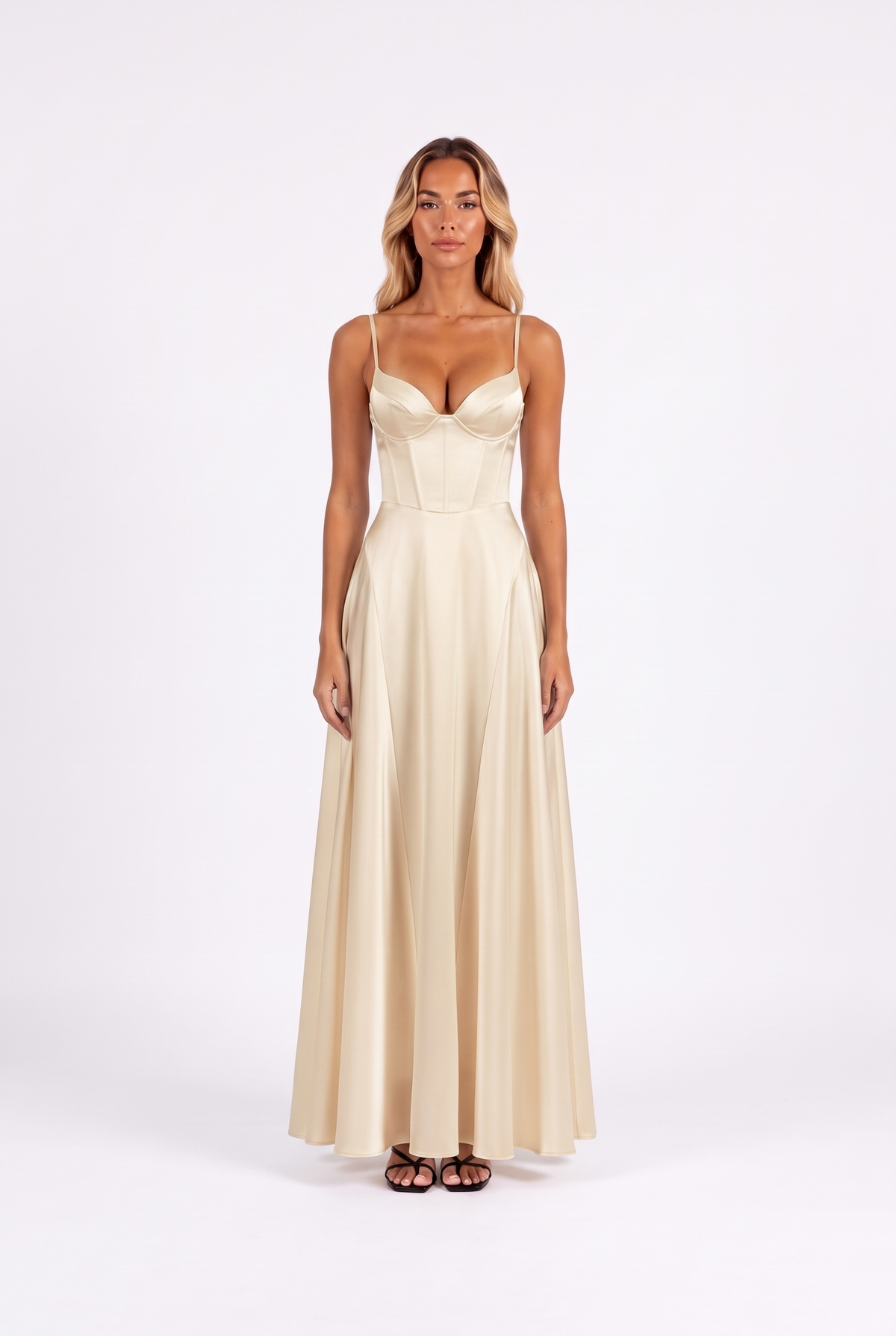 Satin corset lace-up-back maxi dress in Apricot — front