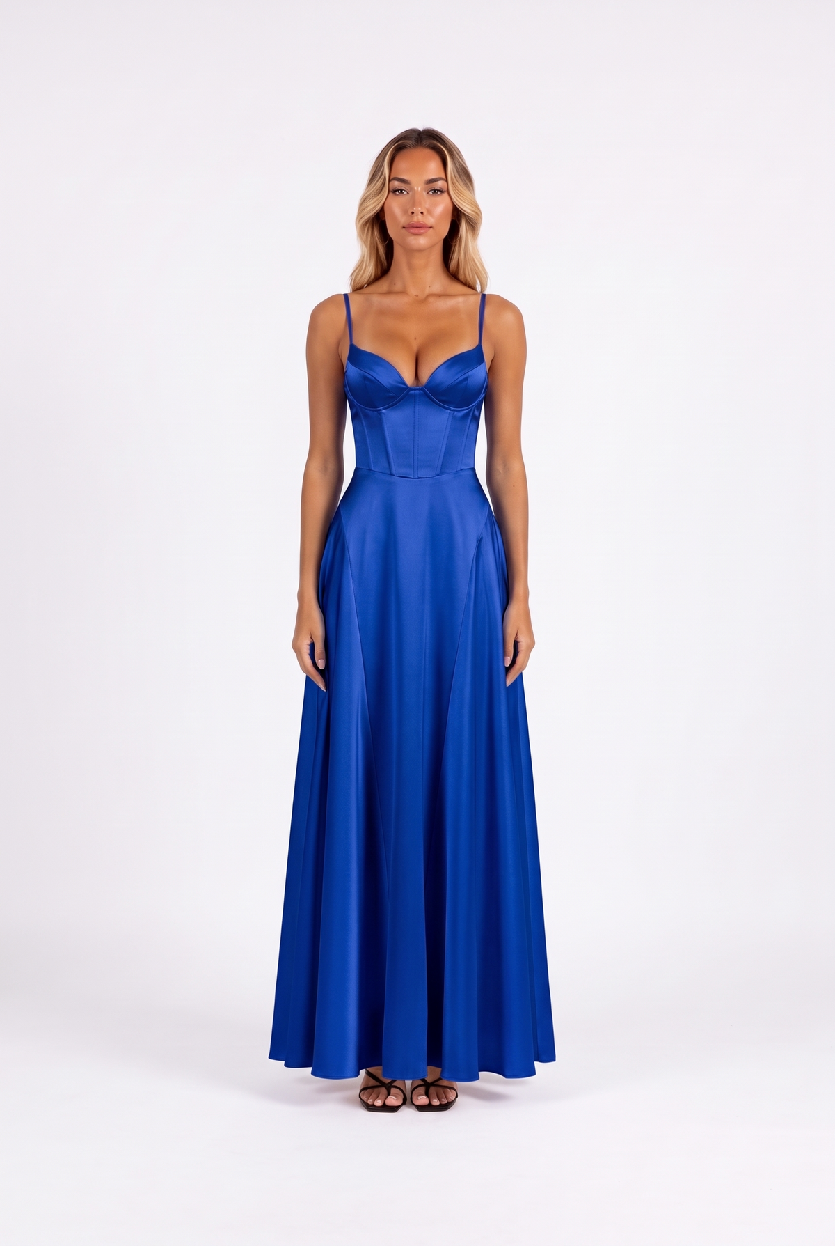 Satin corset lace-up-back maxi dress in Royal Blue — front
