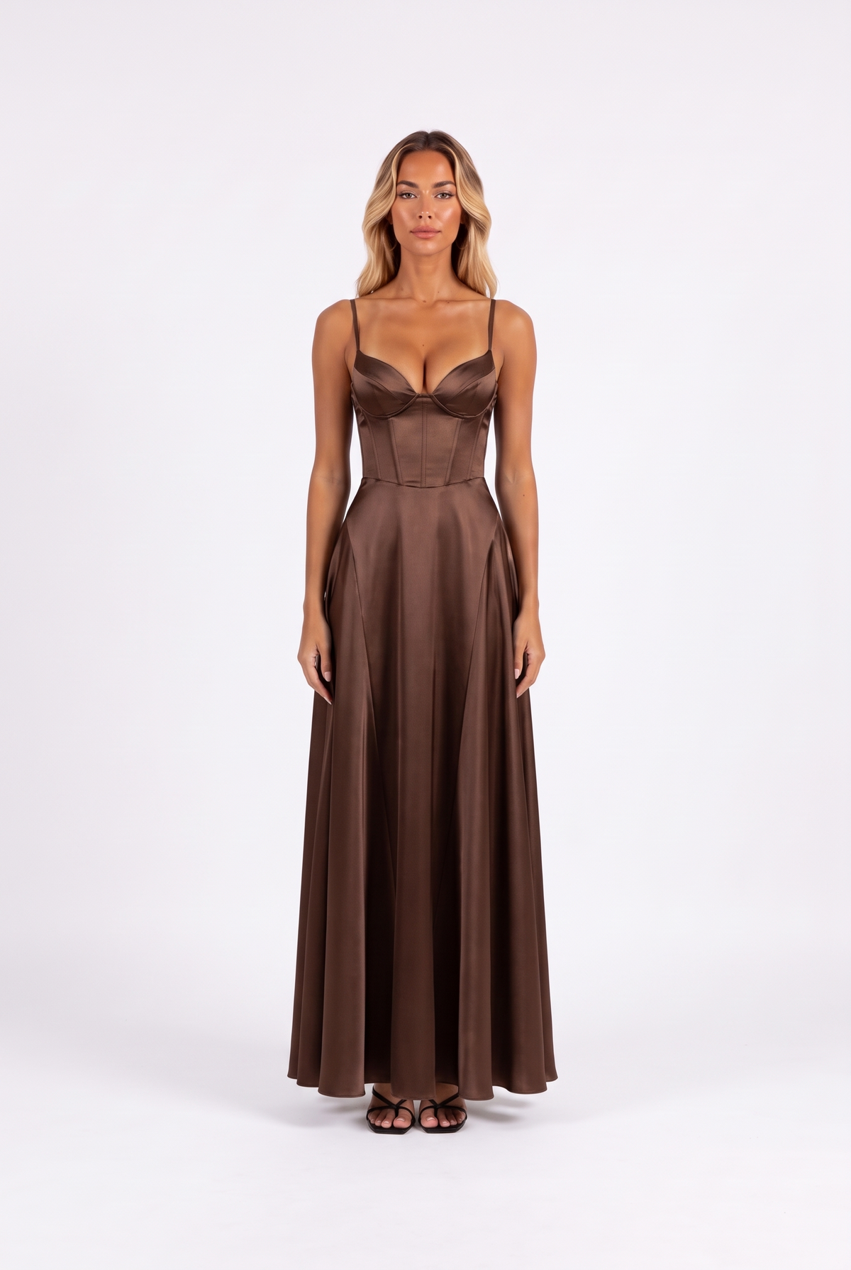 Satin corset lace-up-back maxi dress in Coffee — front