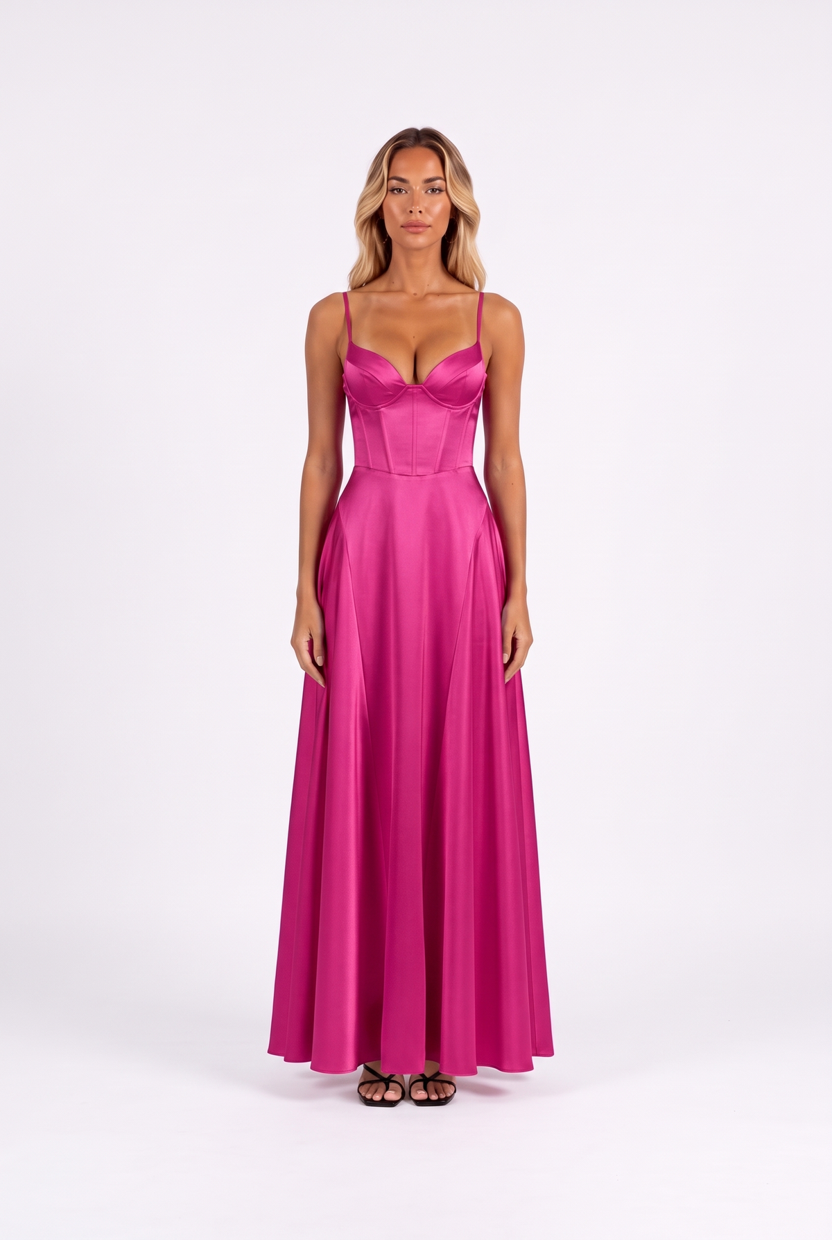 Satin corset lace-up-back maxi dress in Rose Red — front