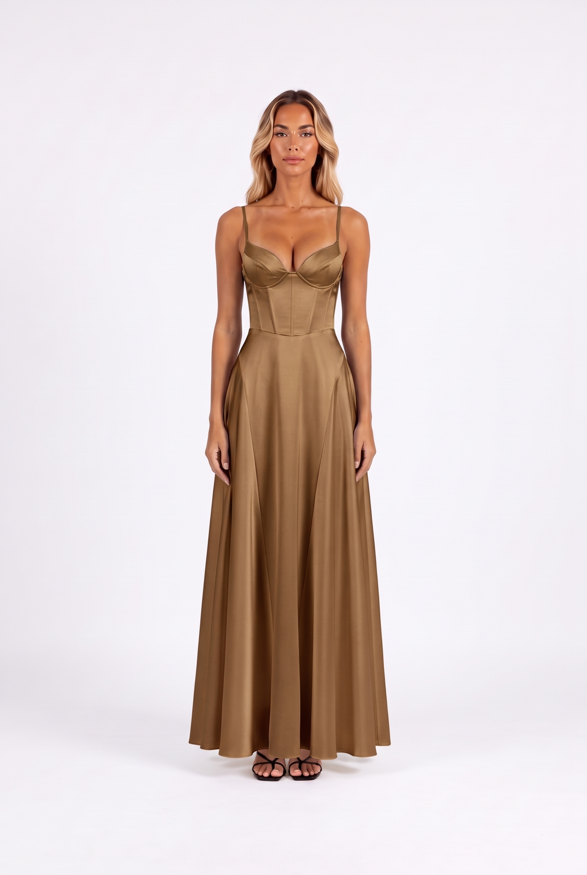 Satin corset lace-up-back maxi dress in Deep Khaki — front
