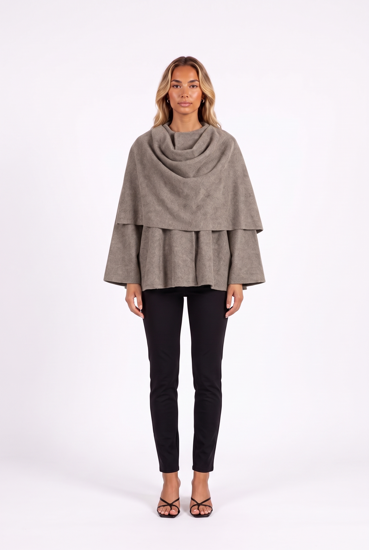 Draped Scarf-Collar Cape Jacket in Khaki — front